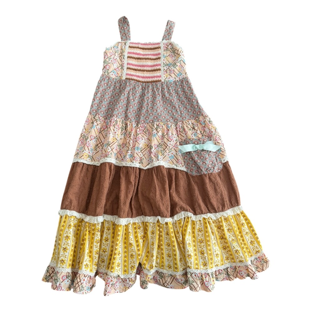Matilda Jane Girls Tiered Patchwork Maxi Dress Floral Crochet Lace Trim Size 6